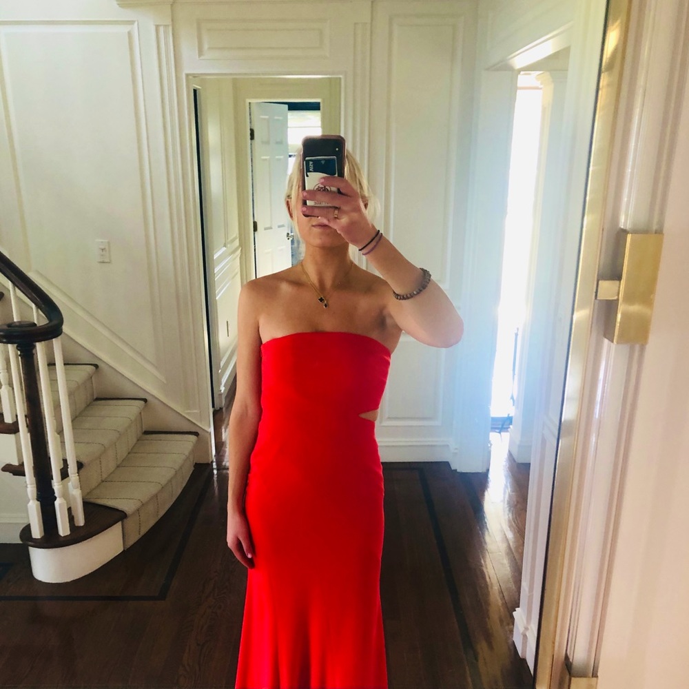 Jay Godfrey Red Trap less dress with slit.